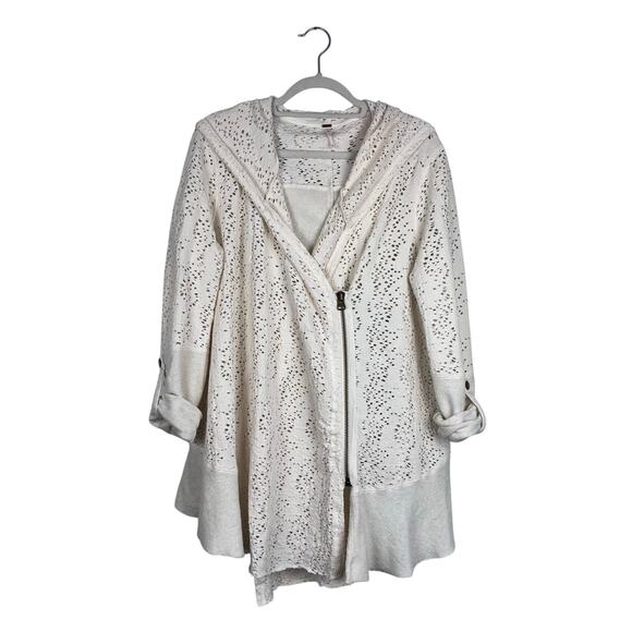 Free People Doiley Cardigan Ivory Eyelet Hooded Asymmetrical Zip Jacket M - Picture 2 of 6